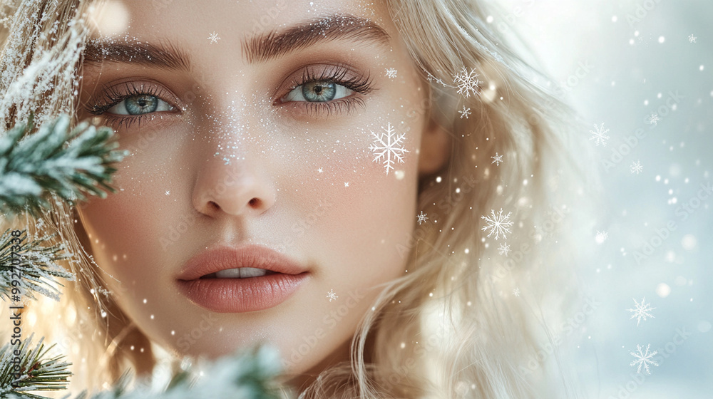 Beautiful young blonde woman with xmas tree branch, snowflakes and stars on her face. Beauty parlor christmas or winter banner concept, copyspace. Beautiful young blonde woman with xmas tree branch, snowflakes and stars on her face. Beauty parlor christmas or winter banner concept, copyspace.