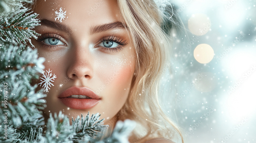 Beautiful young blonde woman with xmas tree branch, snowflakes and stars on her face. Beauty parlor christmas or winter banner concept, copyspace. 
