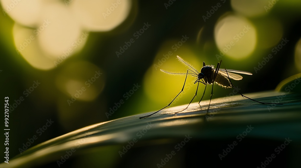 Close-up of mosquito resting on leaf in tropical forest, emphasizing its role in transmitting viruses, shallow depth of field. Close-up of mosquito resting on leaf in tropical forest, emphasizing its role in transmitting viruses, shallow depth of field.