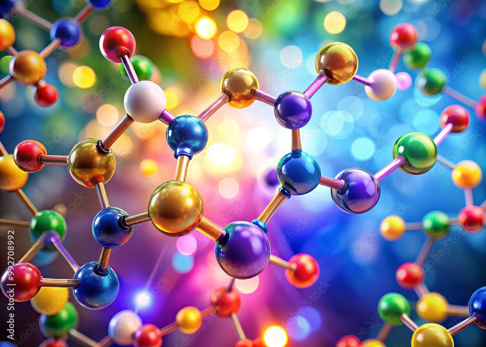 Visual art and scientific illustration fuse to depict a chemical structure symbolizing happiness, evoking well-being Visual art and scientific illustration fuse to depict a chemical structure symbolizing happiness, evoking well-being