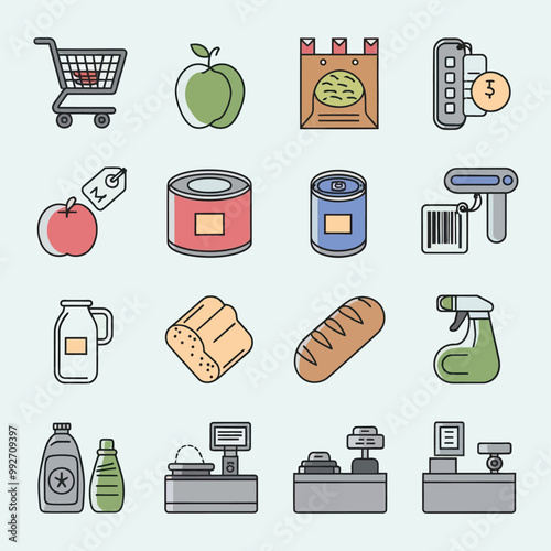 illustrations vector sale offer supper market items icon  for juice and basket ,label ,price , fruits , others 
