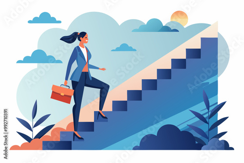 business woman climbing up stairs with a suitcase on hand towards  success