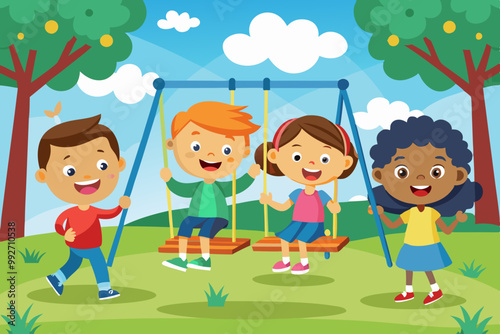 children playing in the park happy children on a swing