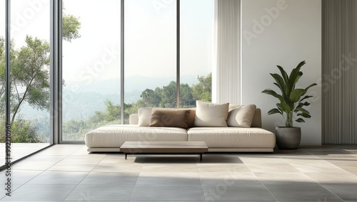 Modern living room with large windows  white walls  and a concrete floor. A beige fabric sofa  a black coffee table  and green plants on the side of the window. Created with Ai