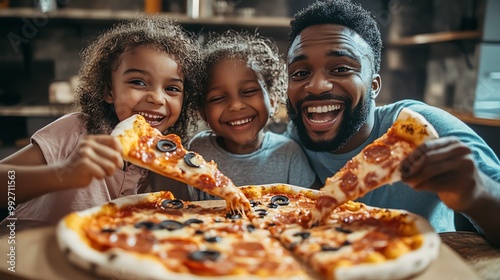 A happy family enjoys a delicious pizza together. The father, mother, and daughter are all smiling and laughing as they share a meal. photo