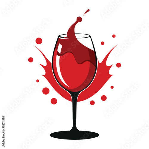 Wine Glass with Splashing Red Wine, vector illustration on white background.