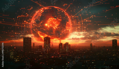 Fiery Globe Rising Over Cityscape at Sunset – Climate Change and Global Warming Concept Design