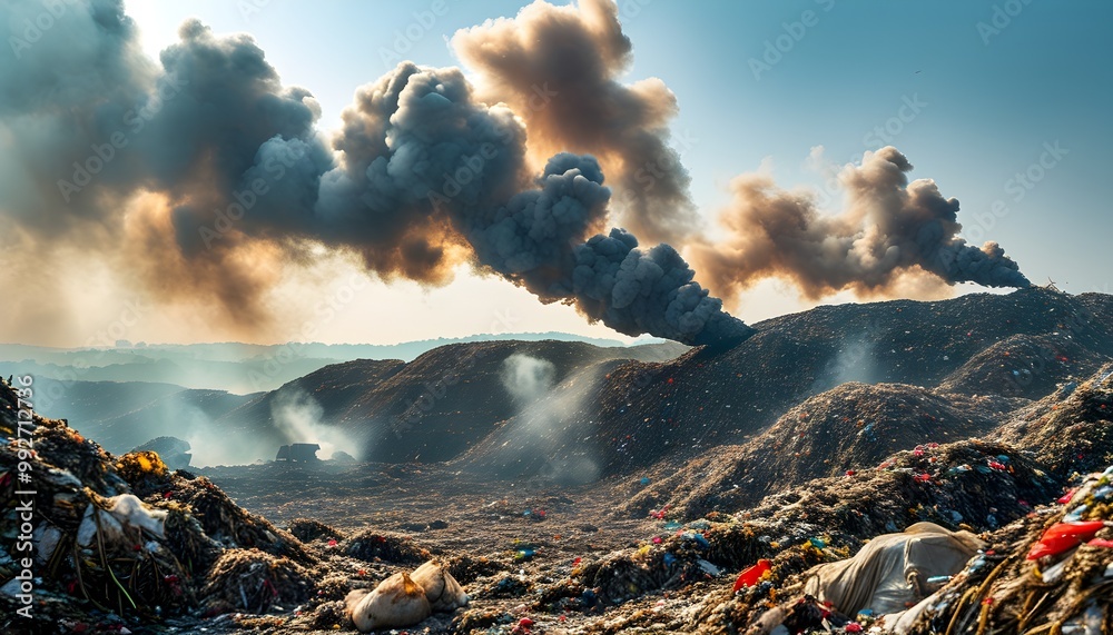 Environmental crisis at a sprawling landfill with smoke rising from ...