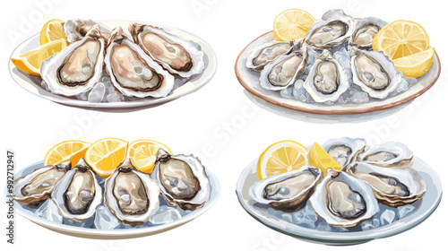 Four plates of oysters with lemon slices on top. The plates are arranged in a row, with each plate having a different number of oysters. The plates are all white and the oysters are all the same size