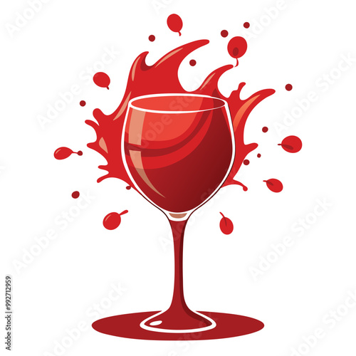 Wine Glass with Splashing Red Wine, vector illustration on white background.