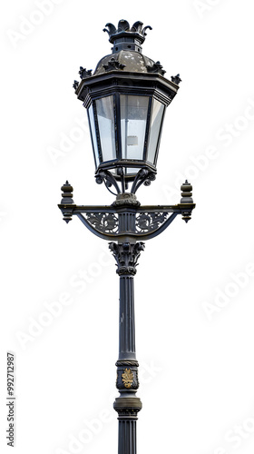 Vintage lamp post isolated against transparent backdrop in a vertical orientation