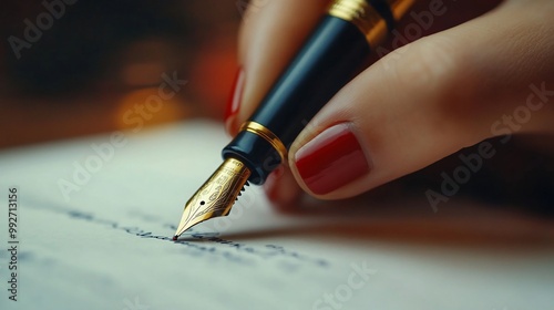 Close-up of a hand with red nail polish writing with a fountain pen on a sheet of paper.