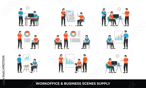 People working on computers and presentations, office scenes.