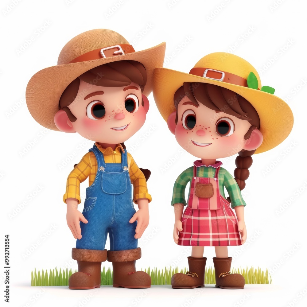 Cute cartoon boy and girl in Farmer costumes with sweet smiles. Profession cartoon concept isolated on white background. 3d rendering Cute cartoon boy and girl in Farmer costumes with sweet smiles. Profession cartoon concept isolated on white background. 3d rendering
