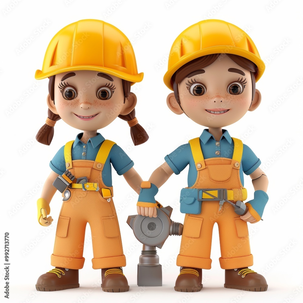 Cute cartoon boy and girl in Mechanic costumes with sweet smiles. Profession cartoon concept isolated on white background. 3d rendering