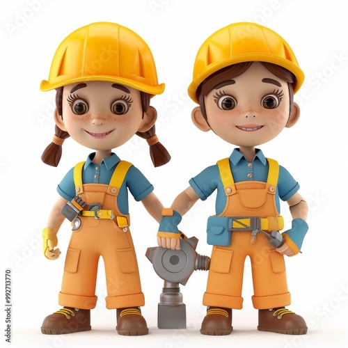 Cute cartoon boy and girl in Mechanic costumes with sweet smiles. Profession cartoon concept isolated on white background. 3d rendering