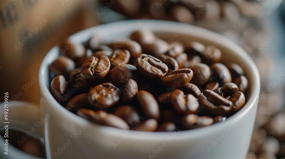 Fototapeta premium Close-up of coffee beans inside a white ceramic cup, macro shot.
