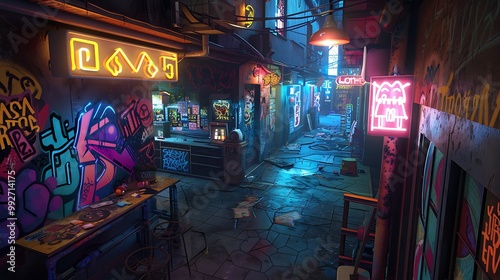 A narrow, dimly lit alleyway in a futuristic city, with graffiti on the walls and neon signs.