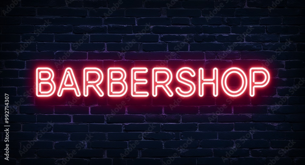 Barbershop word lettering glowing with neon light on dark brick wall background Barbershop word lettering glowing with neon light on dark brick wall background