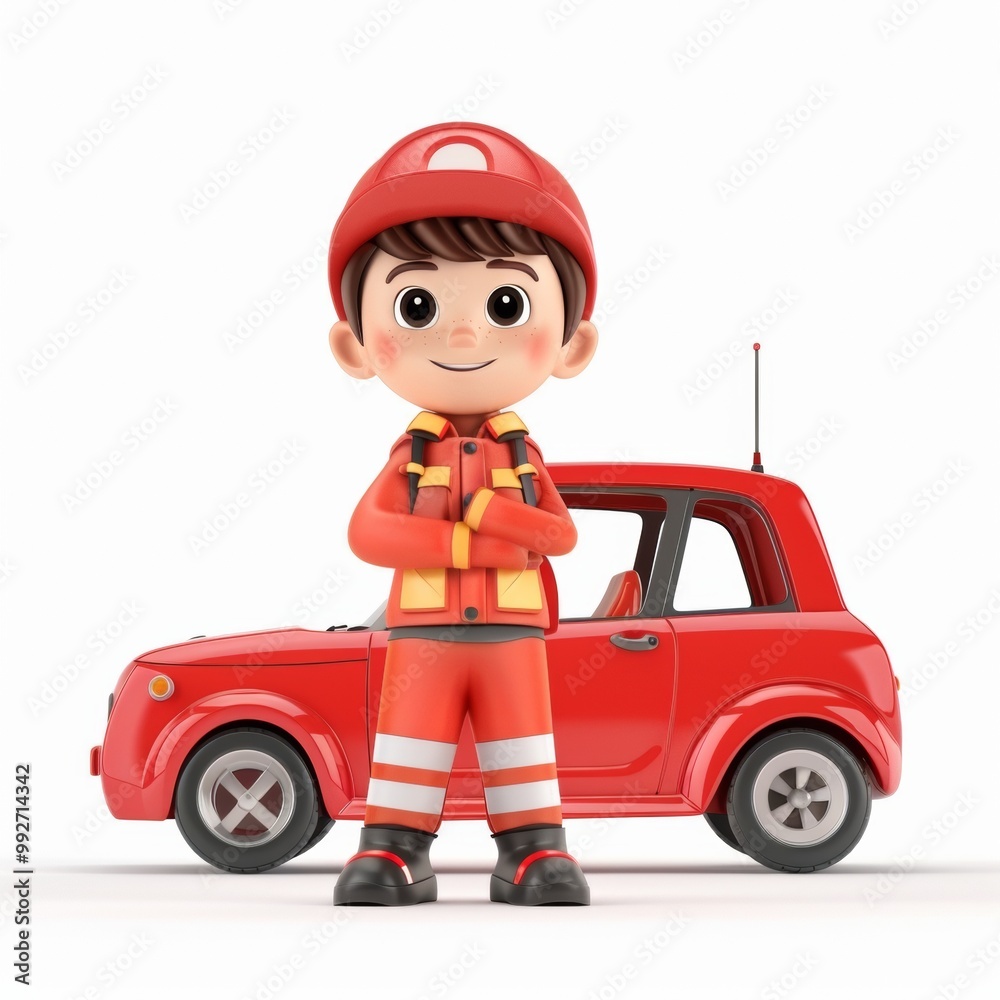 Fototapeta premium Cute cartoon boy in a driver costume and a car behind him with a sweet smile. Profession cartoon concept isolated on white background. 3d rendering