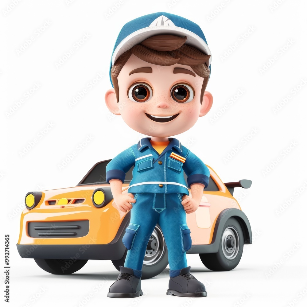 Cute cartoon boy in a driver costume and a car behind him with a sweet smile. Profession cartoon concept isolated on white background. 3d rendering Cute cartoon boy in a driver costume and a car behind him with a sweet smile. Profession cartoon concept isolated on white background. 3d rendering