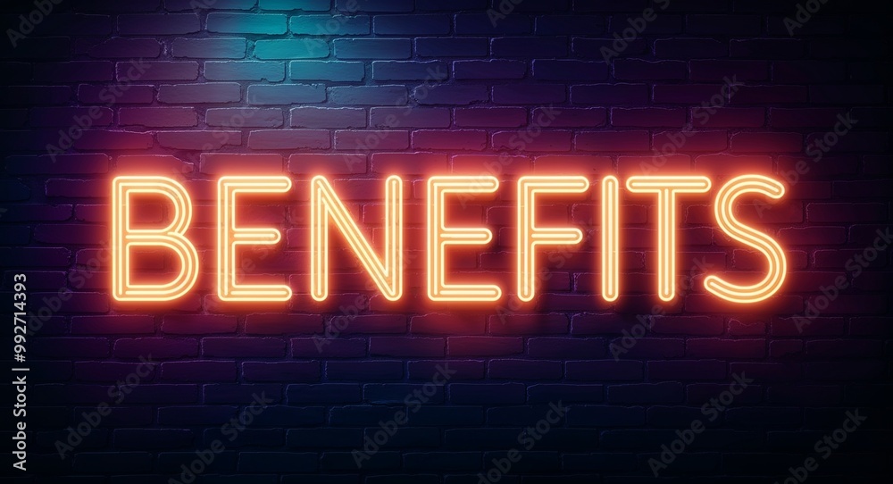benefits word lettering glowing with neon light on dark brick wall background benefits word lettering glowing with neon light on dark brick wall background