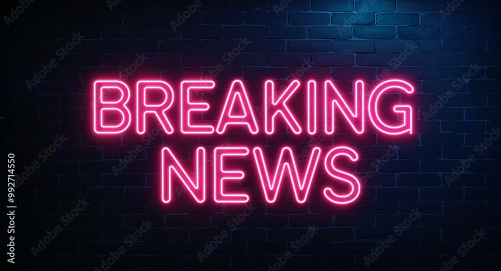 breaking news word lettering glowing with neon light on dark brick wall background breaking news word lettering glowing with neon light on dark brick wall background