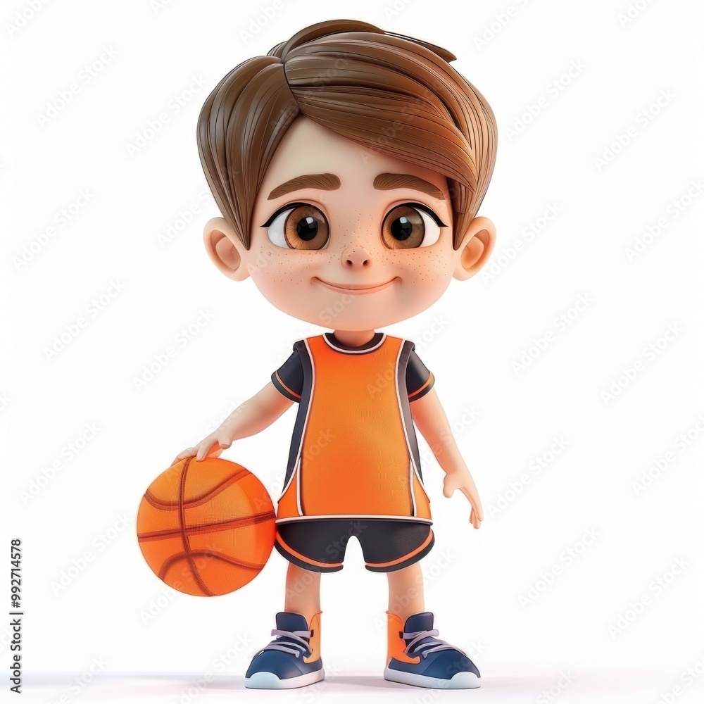 Cute cartoon boy in Basketball athlete costume holding Ball with sweet smile. Sports athlete cartoon concept isolated on white background. 3d rendering Cute cartoon boy in Basketball athlete costume holding Ball with sweet smile. Sports athlete cartoon concept isolated on white background. 3d rendering