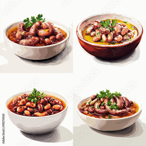 Four bowls of food, each with a different type of food in it. The bowls are arranged in a grid, with each one having a different color. Scene is cheerful and inviting