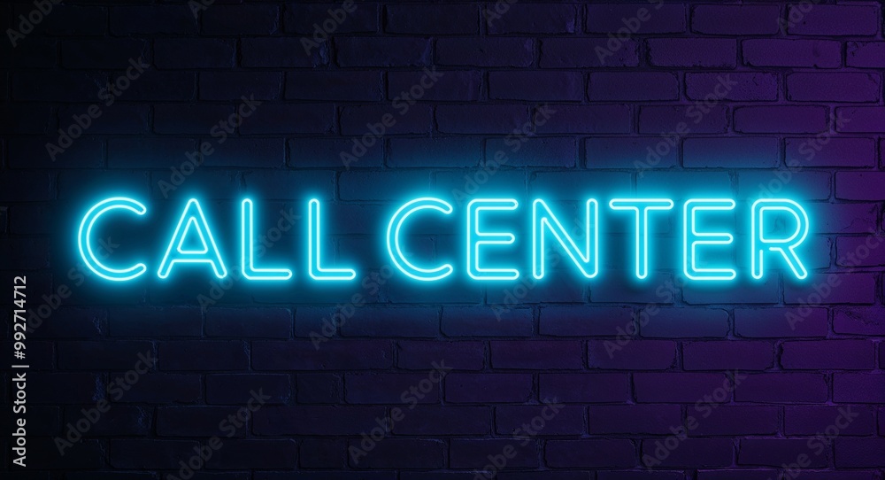 Obraz premium call center word lettering glowing with neon light on dark brick wall background