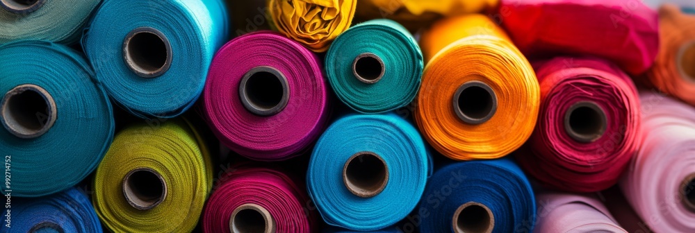 A vibrant collection of rolled fabrics in various colors, showcasing their textures and patterns, perfect for craft and design projects. A vibrant collection of rolled fabrics in various colors, showcasing their textures and patterns, perfect for craft and design projects.