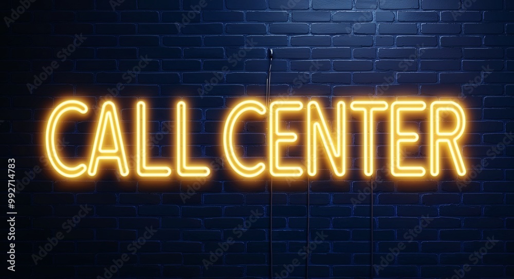call center word lettering glowing with neon light on dark brick wall background call center word lettering glowing with neon light on dark brick wall background