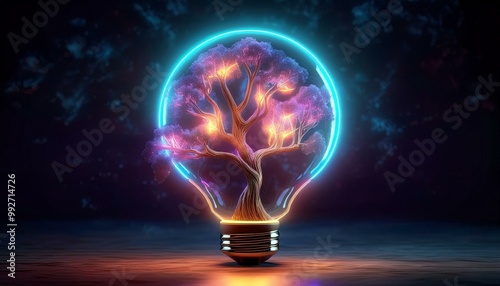 A creative lightbulb design featuring a glowing tree motif.