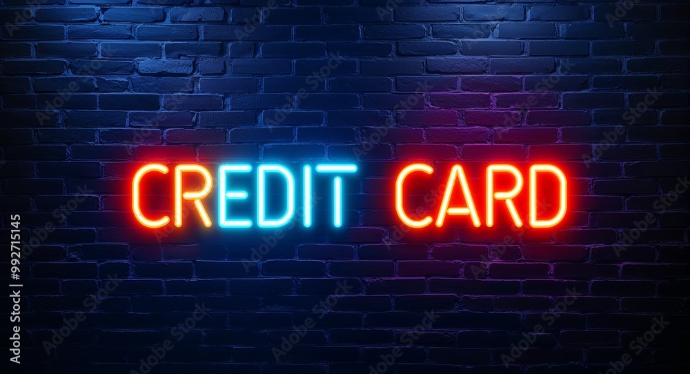 Credit card word lettering glowing with neon light on dark brick wall background Credit card word lettering glowing with neon light on dark brick wall background