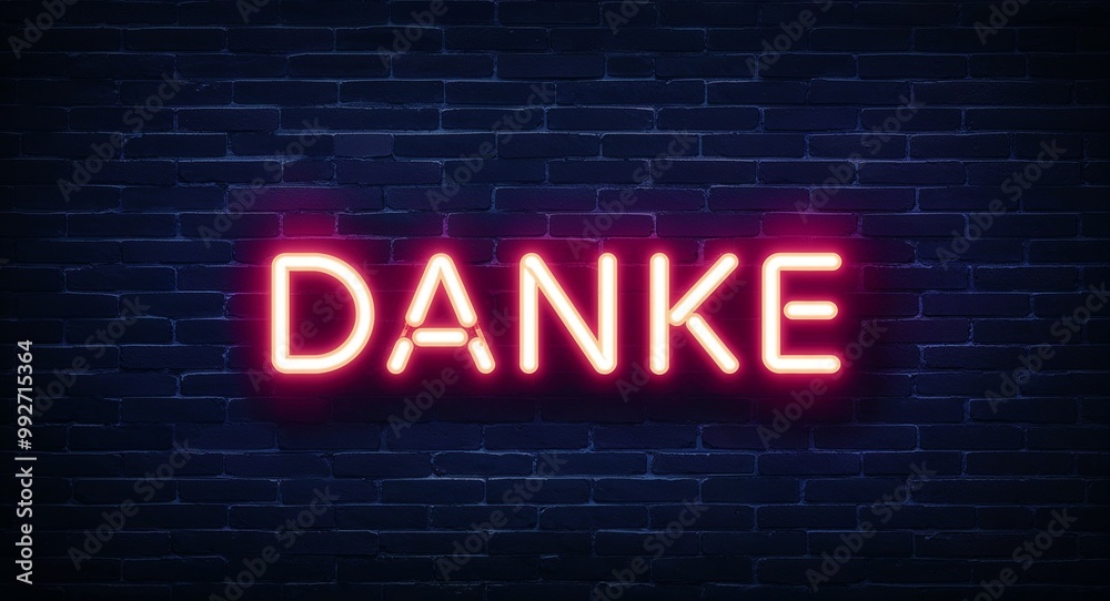 Obraz premium danke word lettering glowing with neon light on dark brick wall background