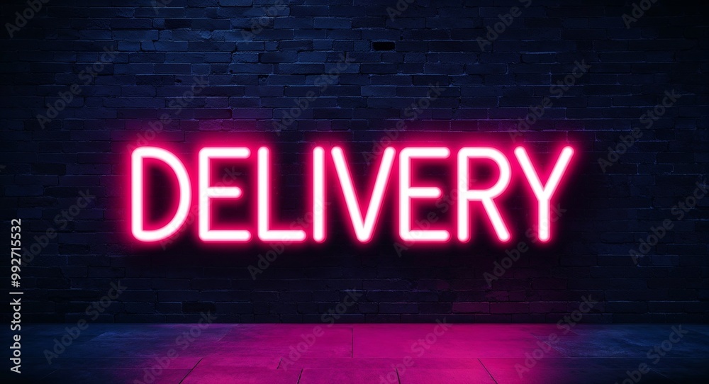 Obraz premium Delivery word lettering glowing with neon light on dark brick wall background