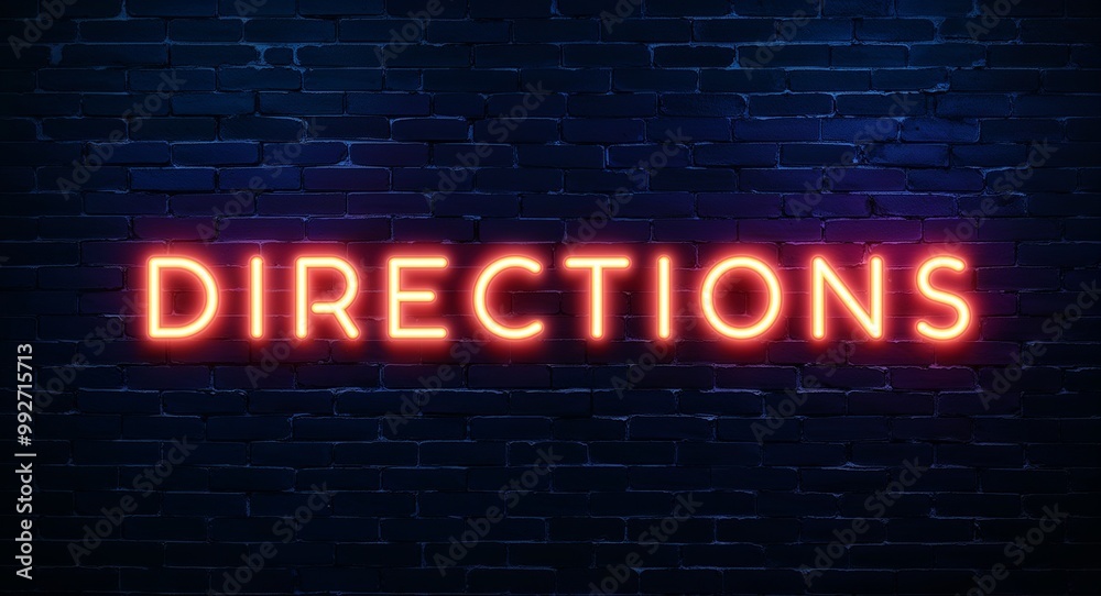 Obraz premium Directions word lettering glowing with neon light on dark brick wall background
