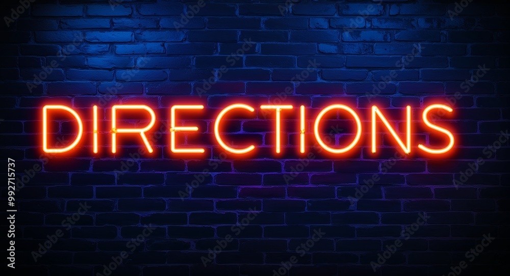 Obraz premium Directions word lettering glowing with neon light on dark brick wall background