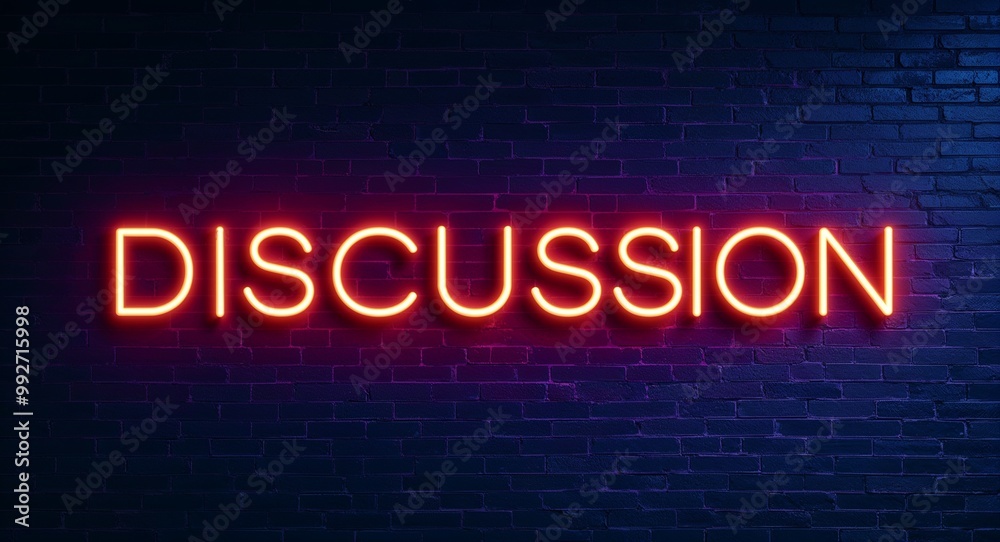 discussion word lettering glowing with neon light on dark brick wall background discussion word lettering glowing with neon light on dark brick wall background