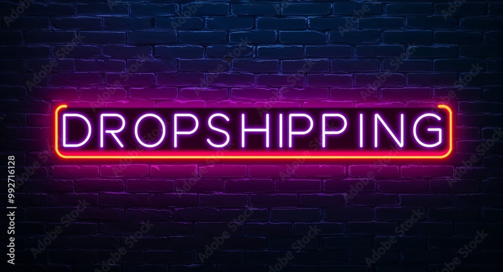 Obraz premium Dropshipping word lettering glowing with neon light on dark brick wall background