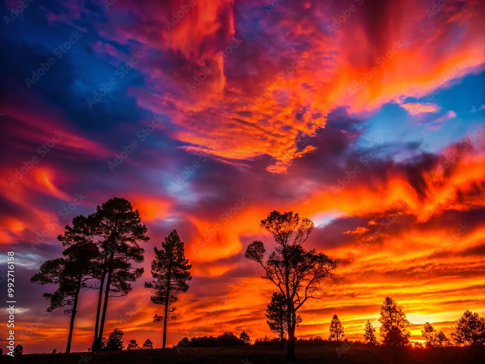 Dramatic Bloody Sky at Dusk with Fiery Colors and Dark Silhouettes of Trees and Landscape Below Dramatic Bloody Sky at Dusk with Fiery Colors and Dark Silhouettes of Trees and Landscape Below