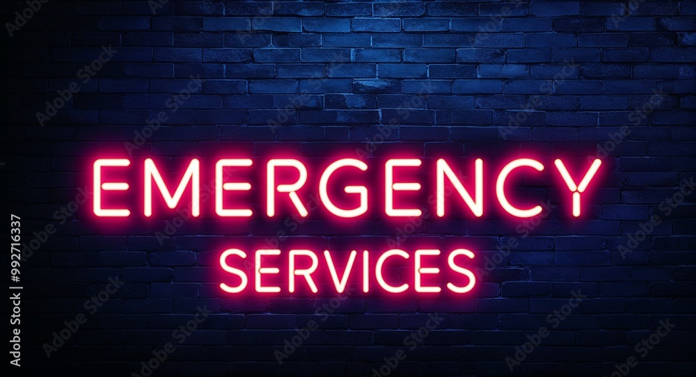 Emergency Services word lettering glowing with neon light on dark brick wall background Emergency Services word lettering glowing with neon light on dark brick wall background
