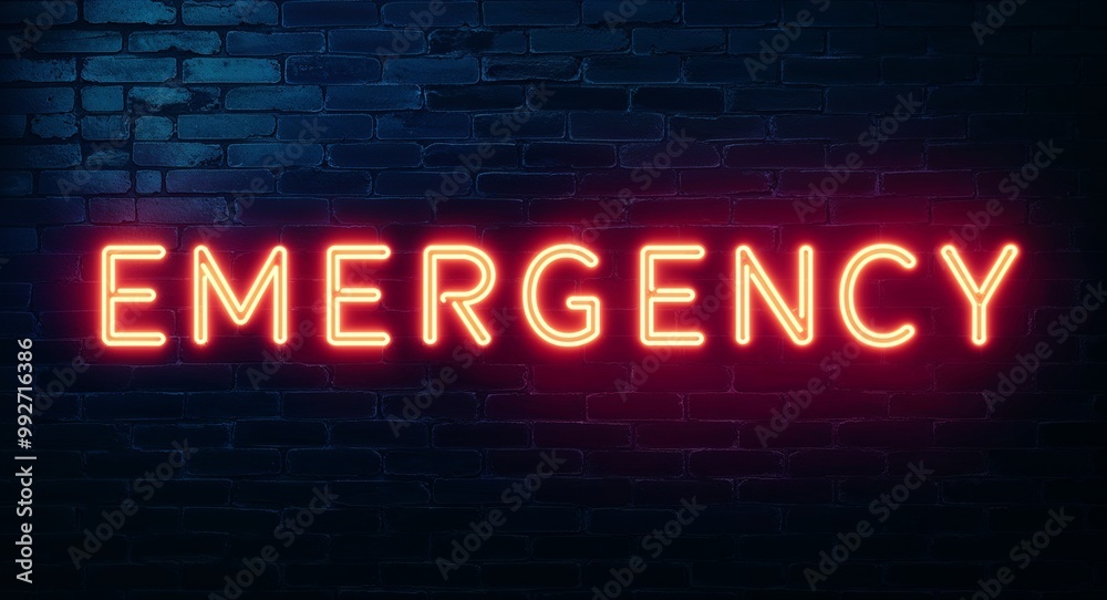 Obraz premium emergency word lettering glowing with neon light on dark brick wall background