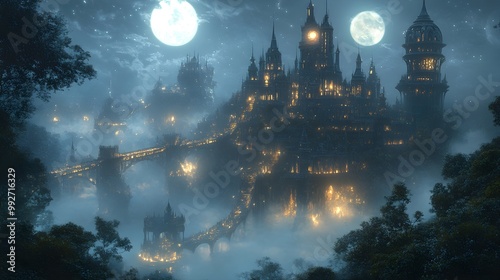 A grand floating castle with towering circular turrets and winding spiral staircases, hovering above a fog-covered mystical forest, glowing in ethereal moonlight