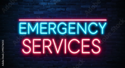 Emergency Services word lettering glowing with neon light on dark brick wall background