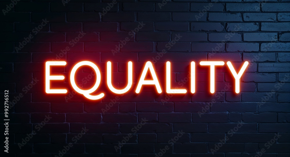 equality word lettering glowing with neon light on dark brick wall background