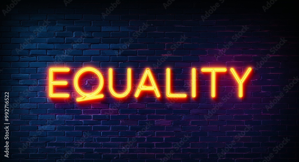 Obraz premium equality word lettering glowing with neon light on dark brick wall background