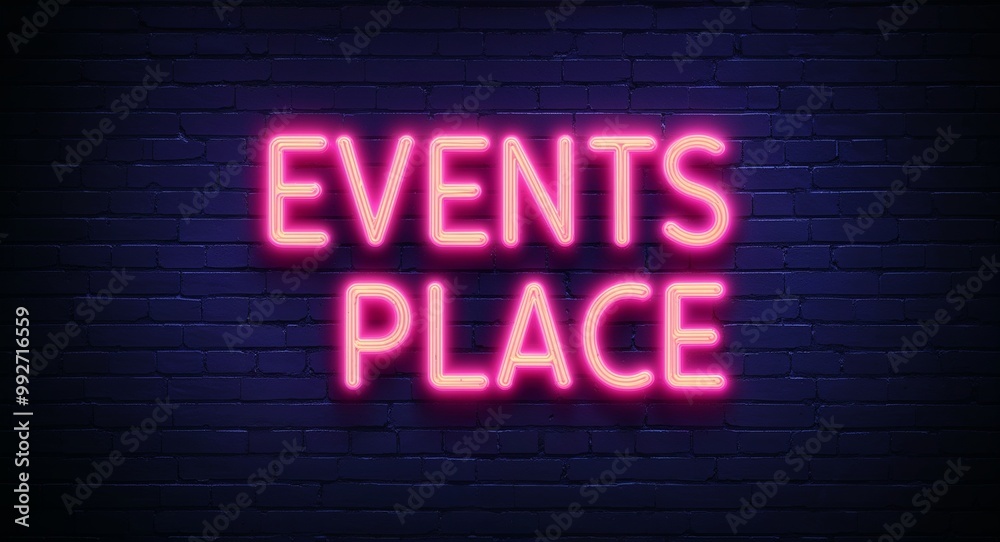 Obraz premium events place word lettering glowing with neon light on dark brick wall background
