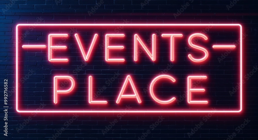 Obraz premium events place word lettering glowing with neon light on dark brick wall background
