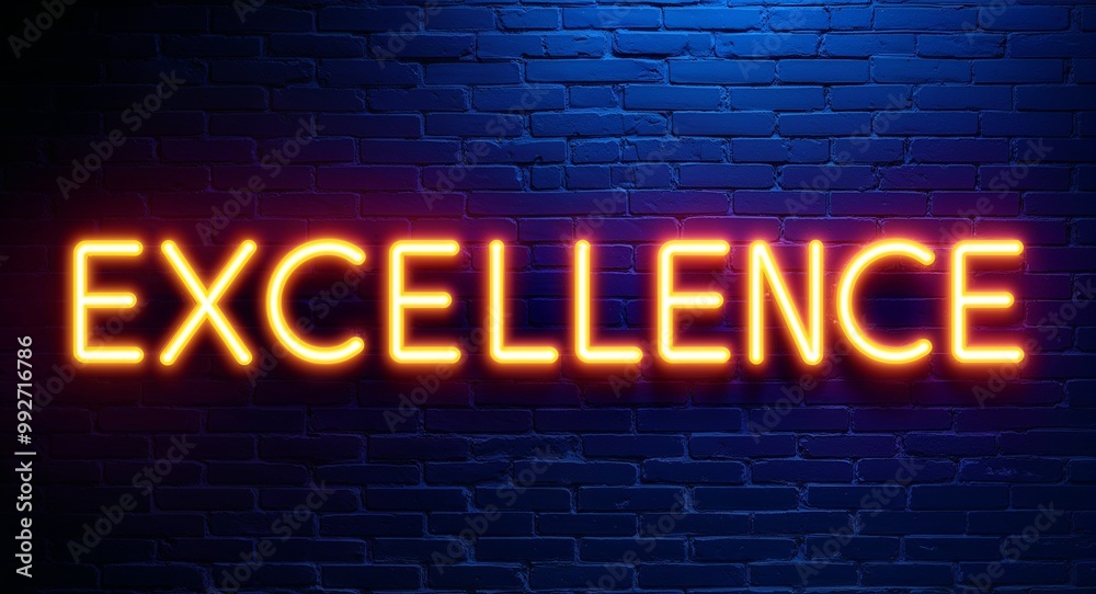 Obraz premium excellence word lettering glowing with neon light on dark brick wall background
